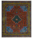 Hand Knotted Green, Rust, Yellow, Pink and Blue Traditional Floral 8x10 Wool Area Rug