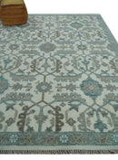 Hand Knotted Ivory and Teal 8x10 and 11x11 Square Oushak Wool Area Rug