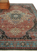Hand Knotted Ivory, Rust and Blue Antique Persian Heriz Serapi Wool Rug