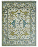Hand Knotted Ivory, Teal and Olive Oriental Oushak 9x12 Wool Area Rug