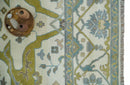 Hand Knotted Ivory, Teal and Olive Oriental Oushak 9x12 Wool Area Rug