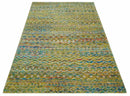 Hand Knotted Mustard, Aqua, Brown and Ivory 5.7x9 Modern Contemporary Southwestern Tribal Trellis Recycled Art Silk Area Rug