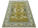 Hand Knotted Mustard, Ivory and Blue Traditional Oriental Oushak 6x9 wool area rug