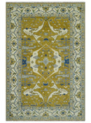 Hand Knotted Mustard, Ivory and Blue Traditional Oriental Oushak 6x9 wool area rug