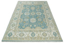 Hand Knotted Persian Oushak 10x14 Blue and Beige Large Wool Area Rug | TRDCP73B1014