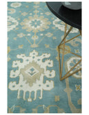 Hand Knotted Persian Oushak 10x14 Blue and Beige Large Wool Area Rug | TRDCP73B1014