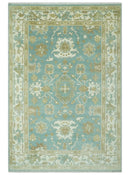 Hand Knotted Teal, Ivory and Beige Traditional Oriental Oushak Multi Size wool rug