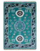 Hand knotted Teal Traditional Khotan Design 4x6 Wool Area Rug