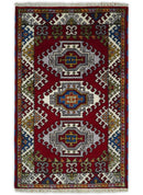 3x5 Hand Knotted Traditional Kazak Red and Ivory Wool Area Rug