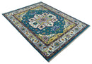 Hand Knotted White, Gold and Blue Multi Sizes Vibrant Colorful Heriz Medallion Area Rug