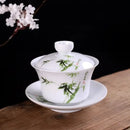 Hand painted bird and bamboo white porcelain gaiwan dining room tea set