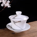 Hand painted bird and bamboo white porcelain gaiwan dining room tea set