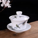 Hand painted bird and bamboo white porcelain gaiwan dining room tea set