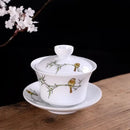 Hand painted bird and bamboo white porcelain gaiwan dining room tea set