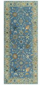 Modern Oushak Blue and Beige Hand Tufted Wool Area Rug