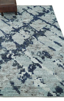 Custom Made Hand Woven Silver And Blue Abstract Trellis Moroccan Blended Wool Rug