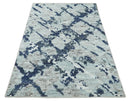 Custom Made Hand Woven Silver, Blue and Charcoal Abstract Trellis Moroccan Rug Made with Blended Wool