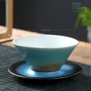 Handcrafted brown & amber ceramic latte coffee cup and saucer dining room