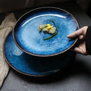 Handcrafted gradient blue ceramic round plate dining room set of 3