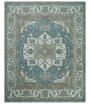 Teal And Ivory Hand Knotted Traditional Heriz Wool Area Rug