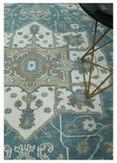 Teal And Ivory Hand Knotted Traditional Heriz Wool Area Rug