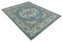 Teal And Ivory Hand Knotted Traditional Heriz Wool Area Rug
