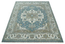 Teal And Ivory Hand Knotted Traditional Heriz Wool Area Rug