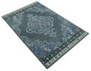 Handmade 5x8 Traditional design Rug made with Blue and Silver fine wool |  TRDCP11958