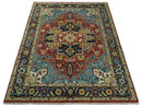 Rust And Blue Traditional Medallion Hand Knotted Wool Area Rug