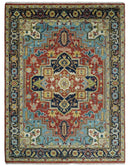 Rust And Blue Traditional Medallion Hand Knotted Wool Area Rug