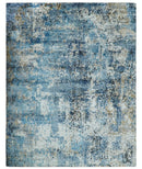 Hand Knotted 8x10 Blue and Ivory Modern Abstract Bamboo Silk Area Rug