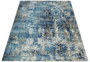 Hand Knotted 8x10 Blue and Ivory Modern Abstract Bamboo Silk Area Rug
