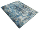 Hand Knotted 8x10 Blue and Ivory Modern Abstract Bamboo Silk Area Rug