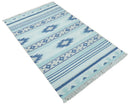 Handmade Modern Style Blue Wool Blend Dhurrie Rug