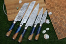 Handmade Chef Set, 5 Piece Damascus Steel Chef Knife Set, Kitchen Knife Set with Leather Cover