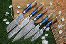 Handmade Chef Set, 5 Piece Damascus Steel Chef Knife Set, Kitchen Knife Set with Leather Cover
