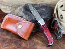 Handmade Damascus Pocket Knife - 6.5'' Back Lock Folding Knife Red Stained Wood Handle - Camping Knife