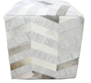 Ivory and Silver Square Leather Pouf Ottoman, Chevron Pouf, Footstool, Side table, Seat , Foot Rest, Living Room, Bedroom | TRD107