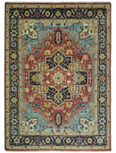 Rust And Blue Traditional Medallion Hand Knotted Wool Area Rug