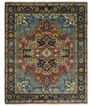 Rust And Blue Traditional Medallion Hand Knotted Wool Area Rug