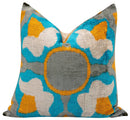 Handmade Velvet Throw Pillow with Blue, Yellow, and Gray Geometric Design - High-Quality 20x20 Inch Decorative Accent with Premium Down Feather Insert for Sofas, Couches, and Interior Design"