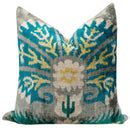 Handmade Velvet Throw Pillow with Turquoise and Yellow Ikat Design - High-Quality 20x20 Inch Decorative Accent with Premium Down Feather Insert