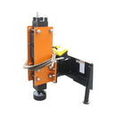 Mechanical device with orange and black components on a white background