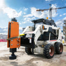 Skid steer loader with an orange attachment on a construction site