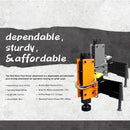 Skid steer post driver attachment with specifications on a gray background