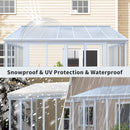 Gable-style sunroom with snowproof, UV protection, and waterproof features on a house exterior.