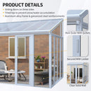 Outdoor patio enclosure with sliding doors, rain gutter, and secured locker features.