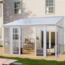 White framed sunroom attached to a house with patio furniture inside