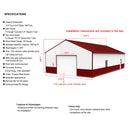 Specification sheet for a pre-built garage with dimensions and features.