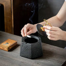 DecorBites™ Black Pottery Ashtray with Cover: Stylish, Large Capacity Ceramic Ashtray